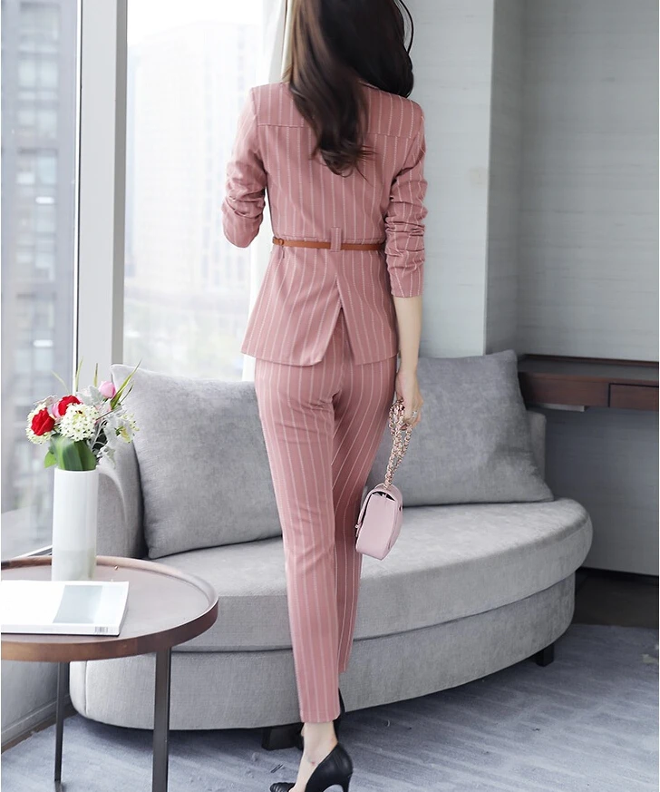 Новая мода 2 шт. комплект Женские OL бизнес работа в офисе носить брючный костюм розовый полосатый топ+ Штаны женские костюмы