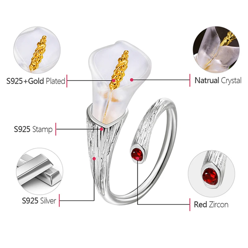 Lotus Fun Genuine 925 Sterling Silver Rings for Women Calla Lily Flower Red Zircon Finger Ring Resizable Silver 925 Jewelry
