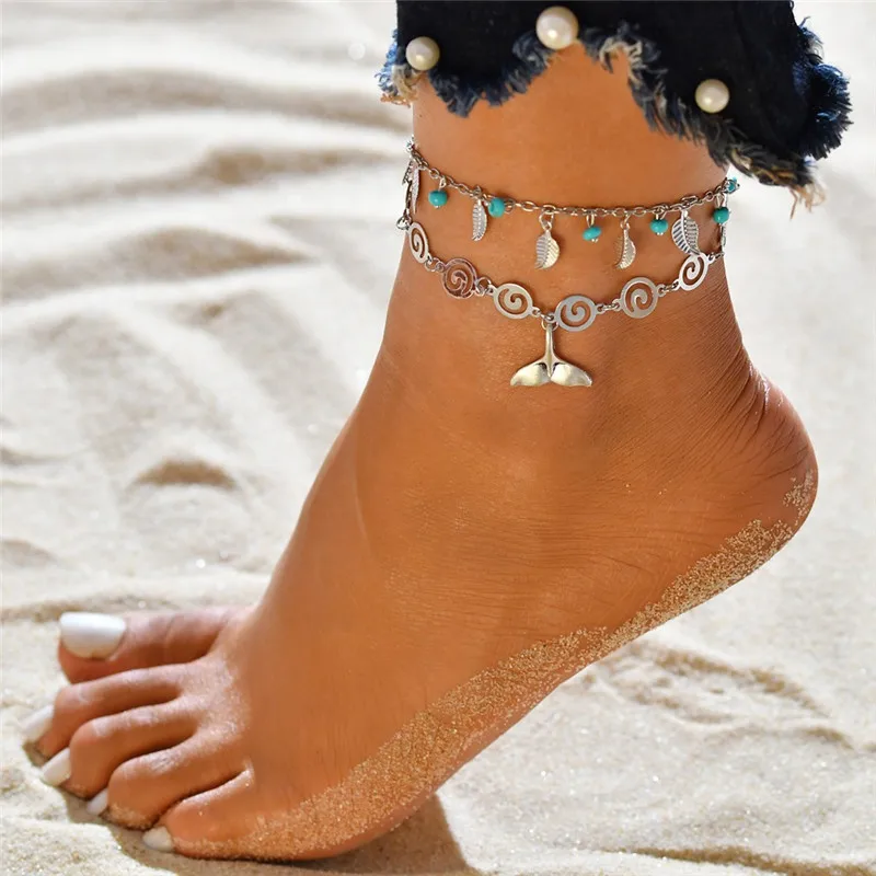 Модные богемные Многослойные ножные браслеты для женщин, винтажный серебристый лист, бусины, узор, подвеска на лодыжке, сексуальные пляжные ювелирные изделия - Окраска металла: 50178