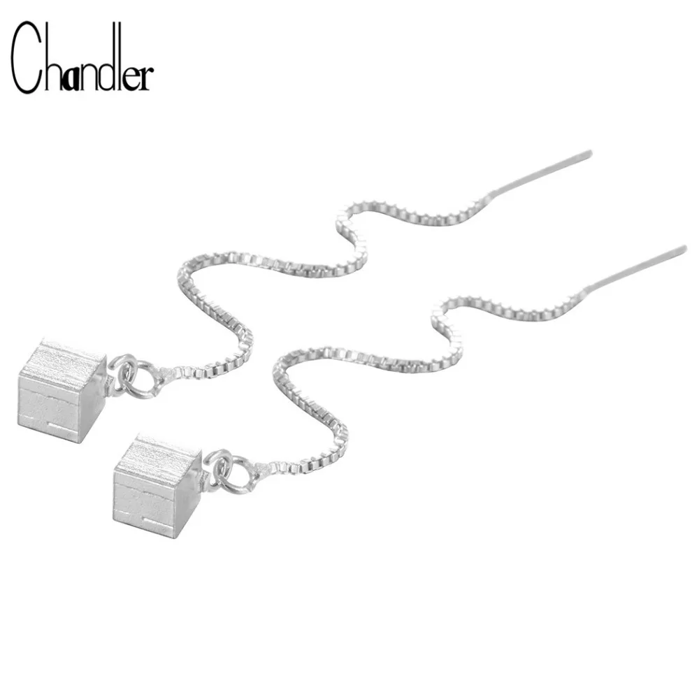 Pure 925 Sterling Silver Square Drop Earring For Women Long Chain Line OL Style Strike Ear Cuff Brincos 2017 Fashion Jewelry