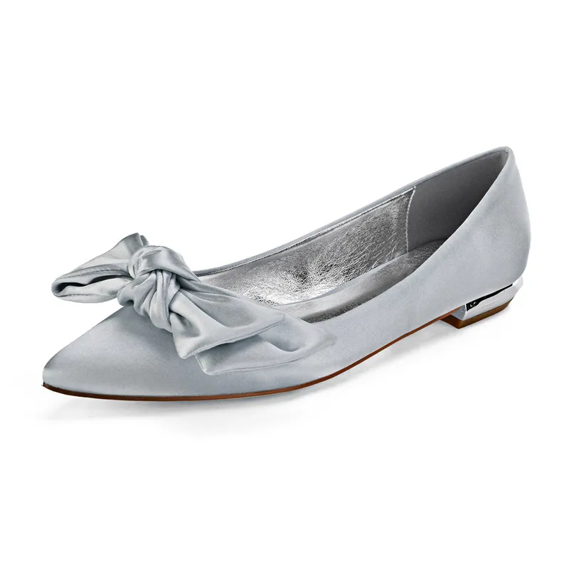 OnnPnnQ/Удобная атласная Женская обувь на плоской подошве с бантом, с острым носком, без застежки, для выпускного вечера, вечерние свадебные туфли на плоской подошве - Цвет: Silver