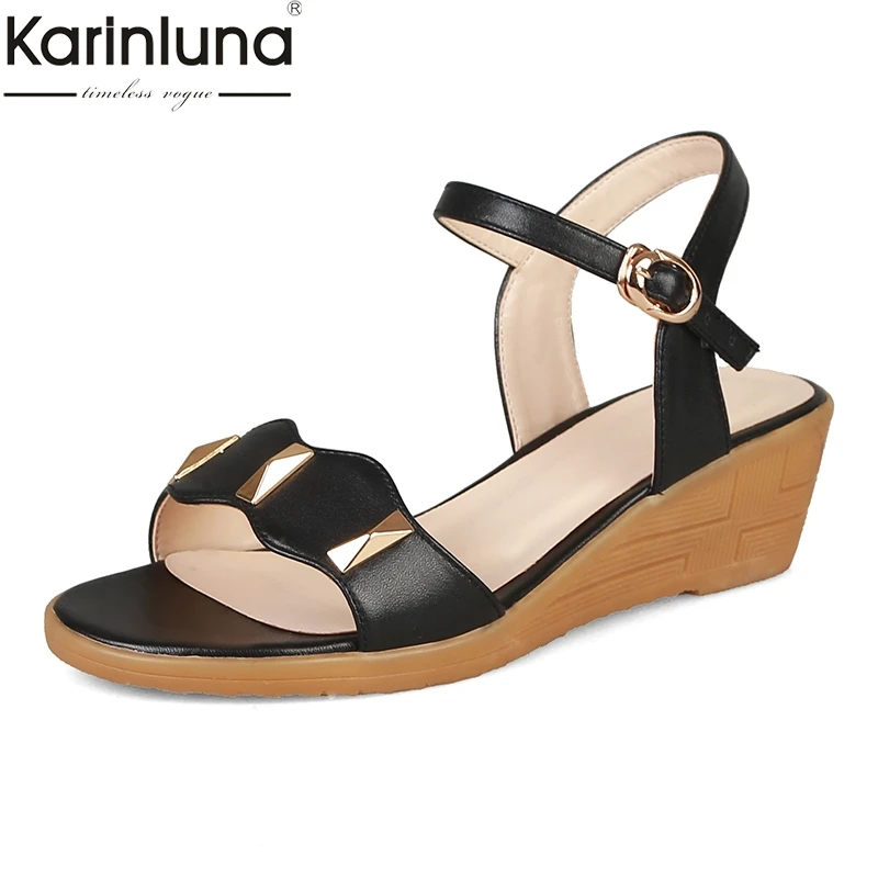 

Karinluna Hot Women Comfort Platform Sandals Genuine Leather Women Black Shoes Woman Med Wedges Beach Shoes