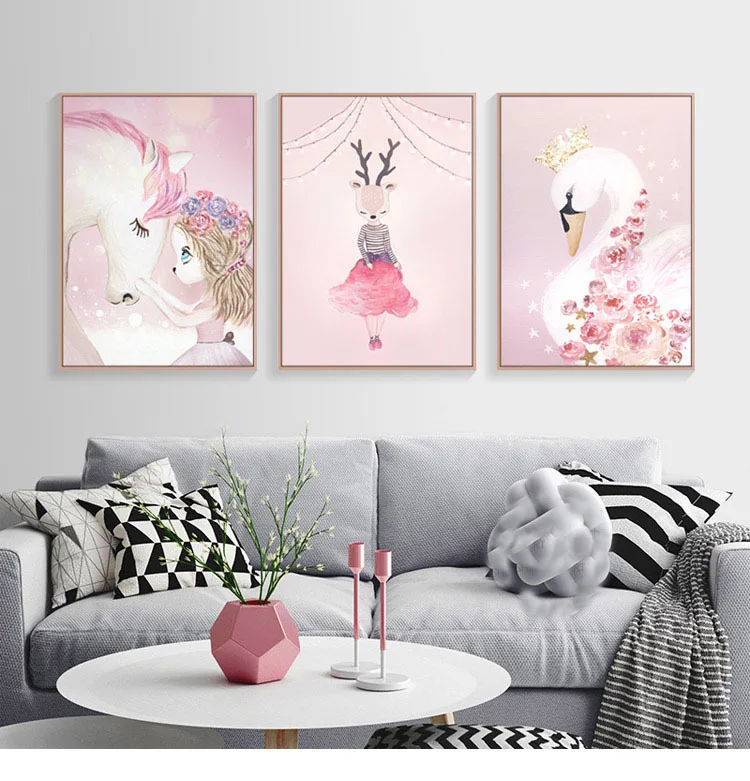 

Nordic Watercolor Cartoon Rabbit Girl Canvas Painting Flower Poster Swan Wall Pictures Kids Room Home Decoration