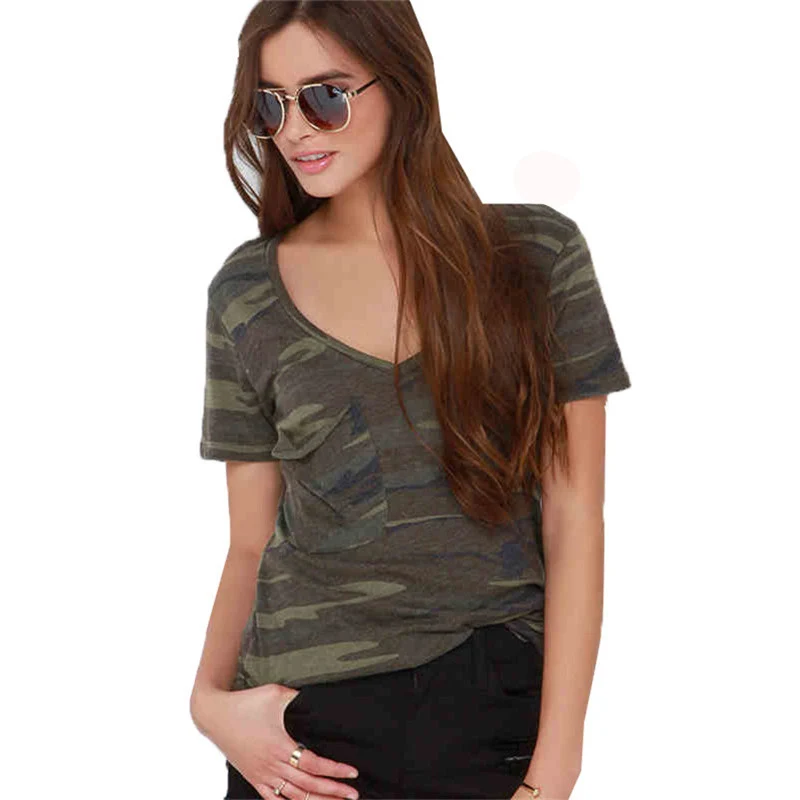 

2017 New Summer Style Women T Shirt Tees Short Sleeve V Neck Camouflage T shirts Female Casual Army Military Tops Clothing SF052