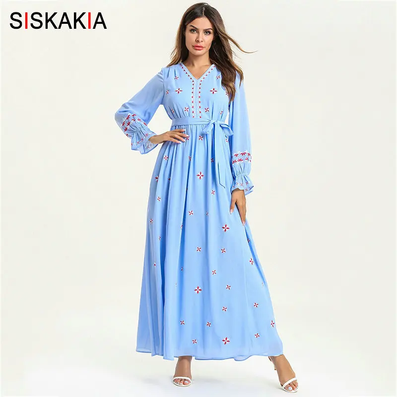 

Siskakia Elegant Women Dress Long High Grade V Neck Long Sleeve Maxi Dresses Quality Light Blue Floral Embroidery Swing Dress