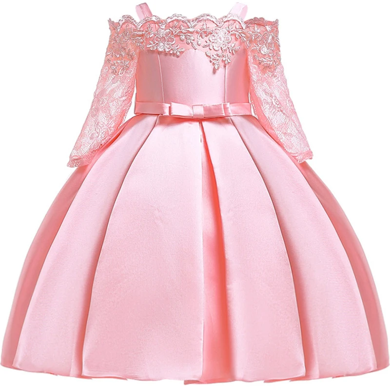 Lace Flower Off Shoulder Girls Dress Baby Girl Birthday Princess Dress Kids Dresses for Girls Silk Bow Wedding Christmas vestido