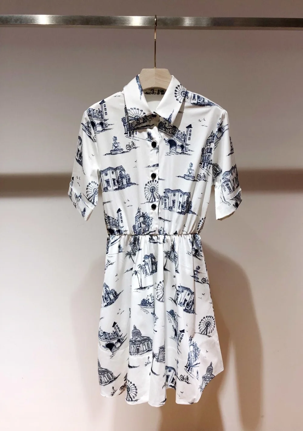 

2019 new ladies fashion short-sleeved printed waist dress 0509