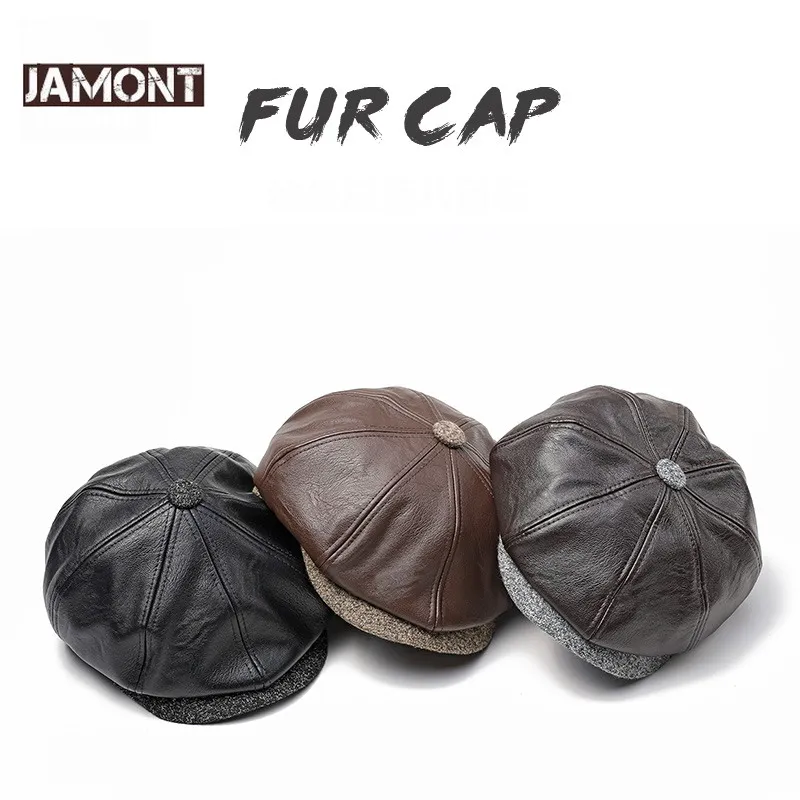 

JAMONT New Autumn Winter PU Leather Hat Newsboy Cap Men Beret Fashion Octagonal Hats Outdoor Men's Caps Gorras Casquette