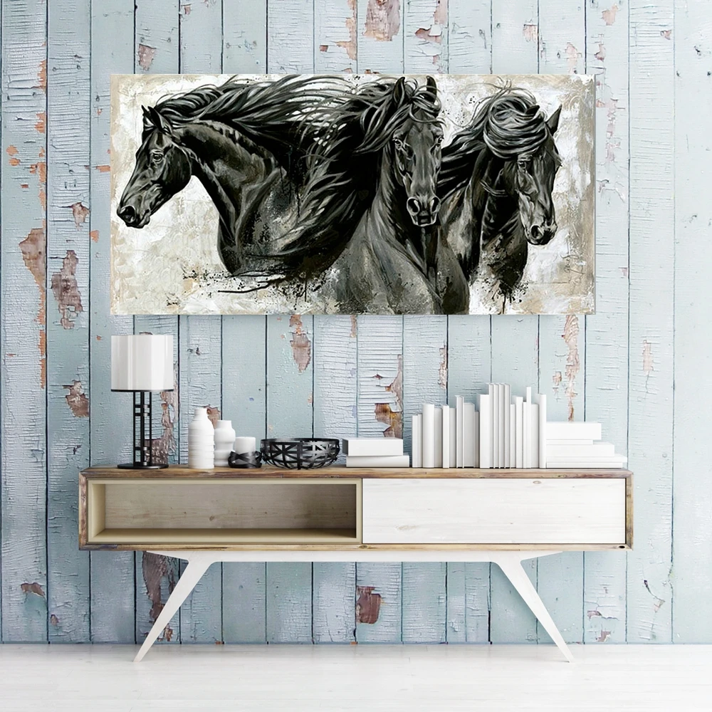 Modern Animal Wall Art Canvas Print Three Black Horse Poster Painting for Living Room Bedroom Wall Decor Vintage Home Decorative