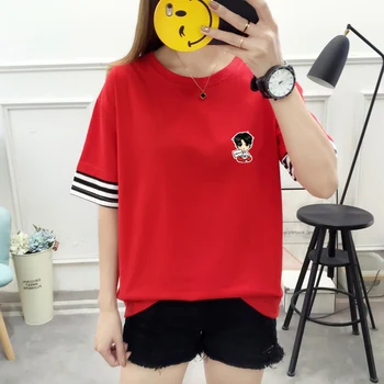 

2019 Summer Women's Casual T-Shirt Harajuku Fashion Sweet Print Cuffs Patchwork Tees Short Sleeve Women Kpop Ulzzang Girls Top