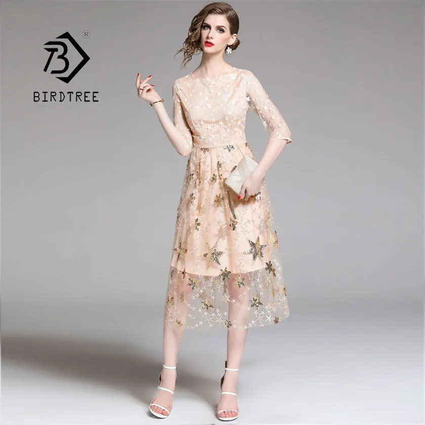 

2019 New Summer Women's Mesh Embroidery Start Sequin Dress Half Hollow O Neck Mid Calf High Waist Vestido Vintage Sale D94911Z