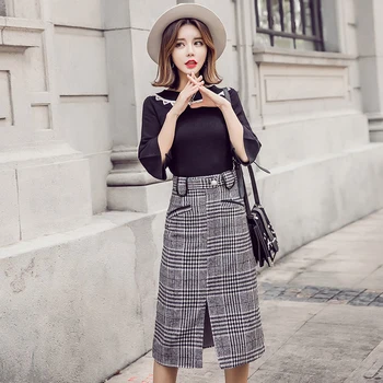 

Knitting new 2017 autumn women's clothing korean fashion suits two-piece clothing set black pullover sweaters & plaid skirt