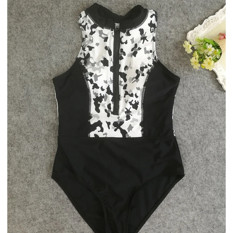 2018 New Women Swimming Body Suit Zipper One-piece Swimsuit Camouflage Patchwork Swimwear High Waist Training Tracksuit (3)