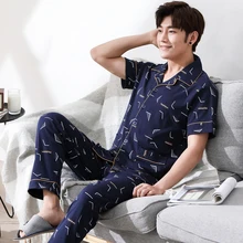 Новое поступление, летняя мужская пижама из хлопка с короткими рукавами, комплект с отложным воротником, мягкая свободная одежда для отдыха, большой размер, Мужская одежда для сна
