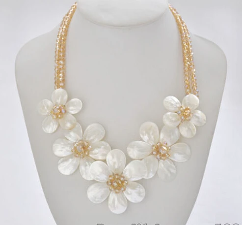 

2Strds 50mm yellow faceted crystal white shell flower necklace 20inch (z6801)