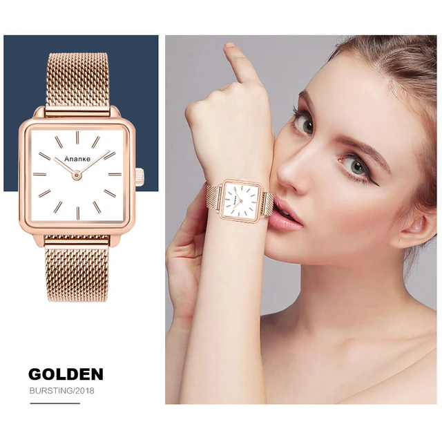 ANANKE Women Rose Gold Square Watches Waterproof Lady Stainless Steel Mesh Wrist ANANKE Women Rose Gold Square Watches Waterproof Lady Stainless Steel Mesh Wrist
