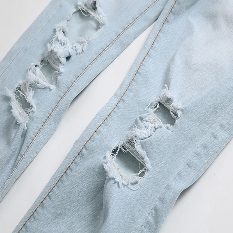 Men Casual Pants Trade Shallow White Blue Big Hole Repair Jeans Amazon Hot Sell Stretch European 3