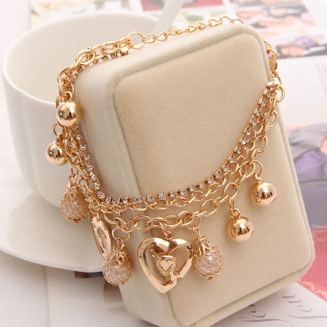 

Handmade jewelry Women/Girl's 18KGold Plated Chain Beads Crystal Bracelet Heart Pearl Charm Bracelet Multilayer Bracelet