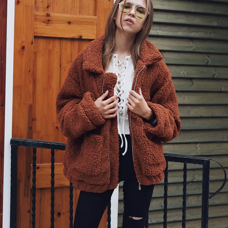 

Solid Turn-down Collar Teddy Coats Women Streetwear Winter Thick Faux Fur Coats And Jackets Femme Lambswool Fur Coat cwf0042-5