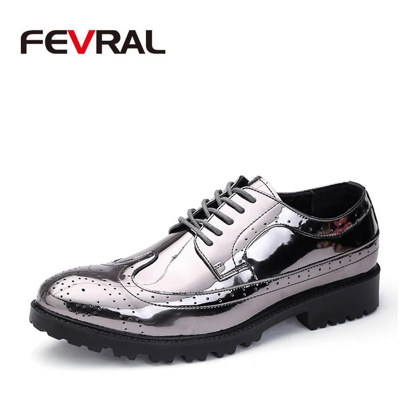 

FEVRAL Brand Patent Leather Brogue Shoes For Men Dress Shoes Men Formal Shoes Round Toe Summer Business Wedding Big Size 38~47