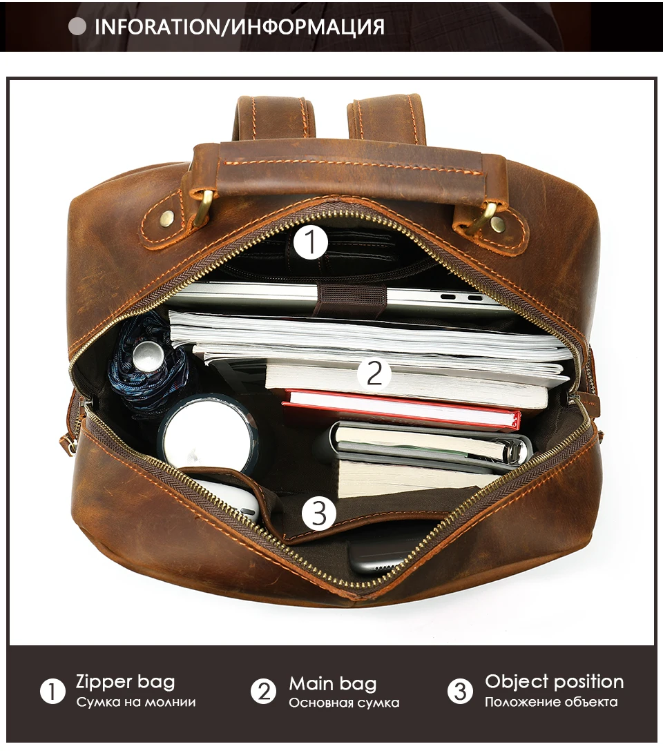 3 Crazy Horse Leather Backpack Men Backpacks Casual Daypacks Leather Laptop Bag 14 inch Men's Travel Shoulder Bags Male Bag