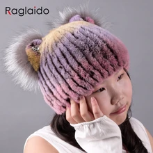 

Raglaido girls winter hats 2017 Real Fur Beanies Rex Rabbit Fur Skullies Fox Ears Hat with diamond cute Snow Caps LQC1003