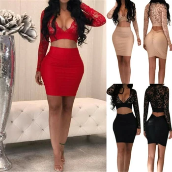 

Women Bodycon Sexy Lace Long Sleeve Dress Evening Party V-neck Dresses Solid Short Mini Dress Push Up 2PCs