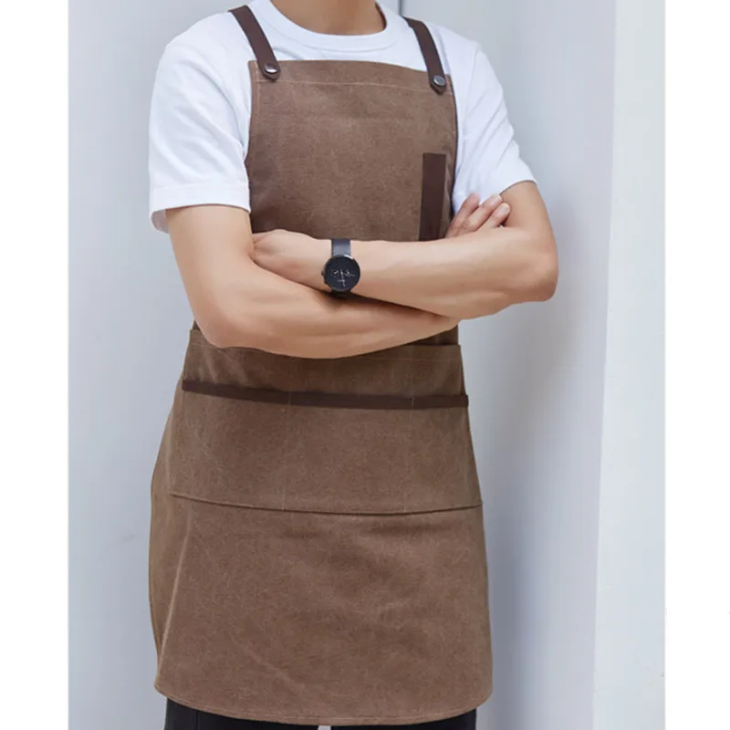 Gray Coffee Washed Canvas Apron Cotton Leather Straps E11-3