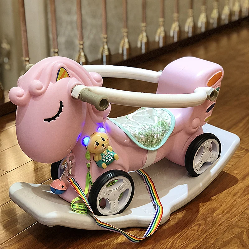 

2 In 1 Children Rocking Horse Thickening Plastic Ride on Animal Toys Baby Rocking Horse with Safety Harness Seat Music Bouncer