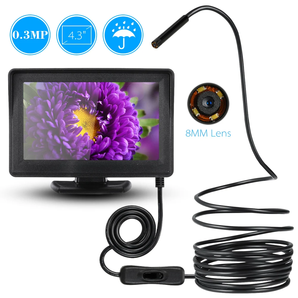 

8mm Endoscope Inspection Borescope Tube Snake Camera Video DVR 4.3" Monitor 4LEDS Night Vision Waterproof 1 Meter