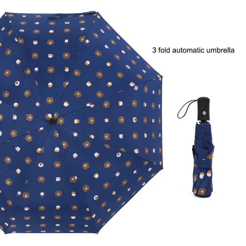 automatic umbrella 3 складной автоматический зонтик черный пластиковый медведь ветростойкий 3 складной зонтик дождь Милая волна портативный зонтик - Цвет: automatic umbrella