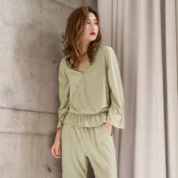 Женская одежда 2018 осенние брюки с длинными рукавами Модальная пижама из тонкой ткани сдельная Пижама с v-образным вырезом одежда для сна Pj