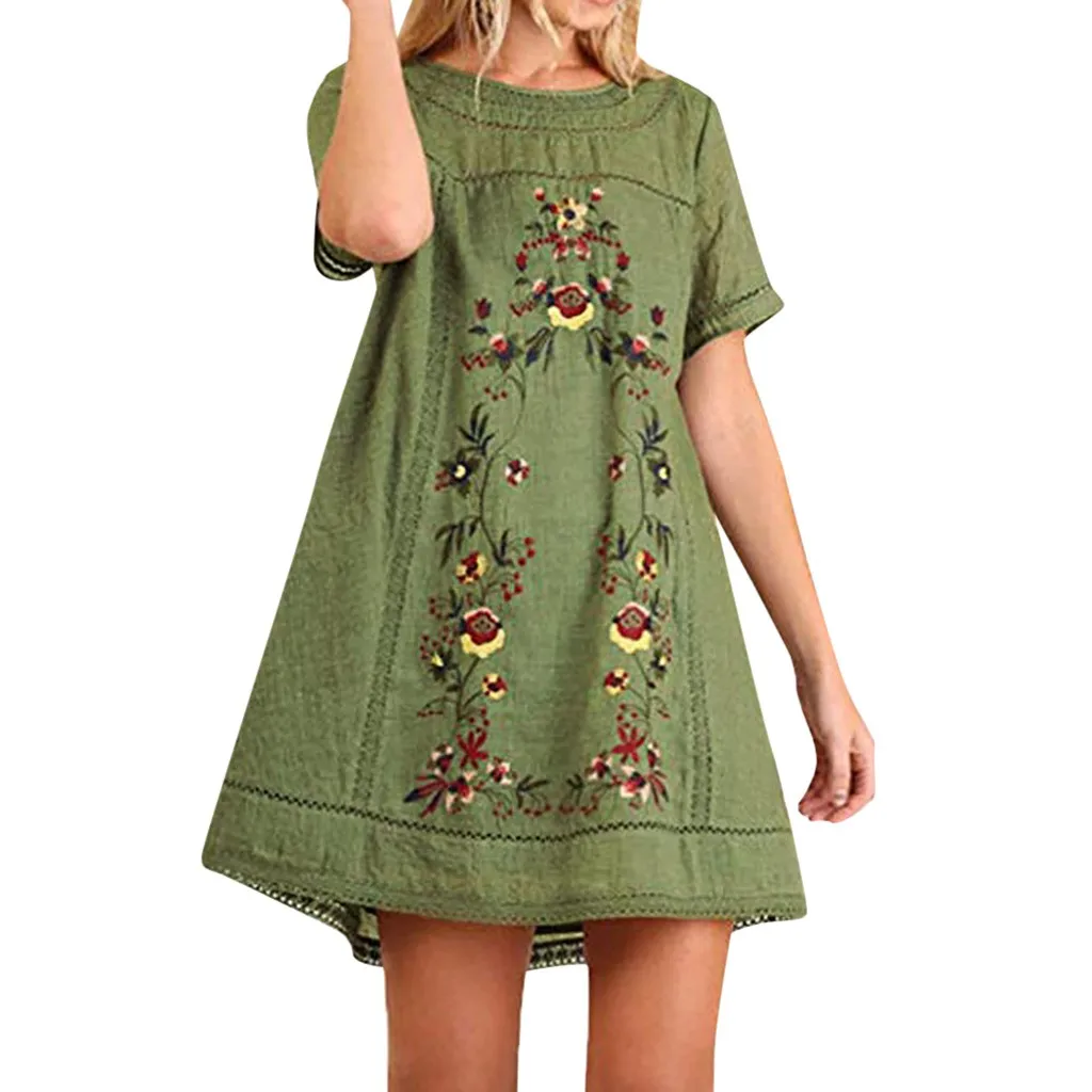 MISSOMO летнее платье женское богемное вышитое платье с коротким рукавом или туника размера плюс футболка Платья vestidos