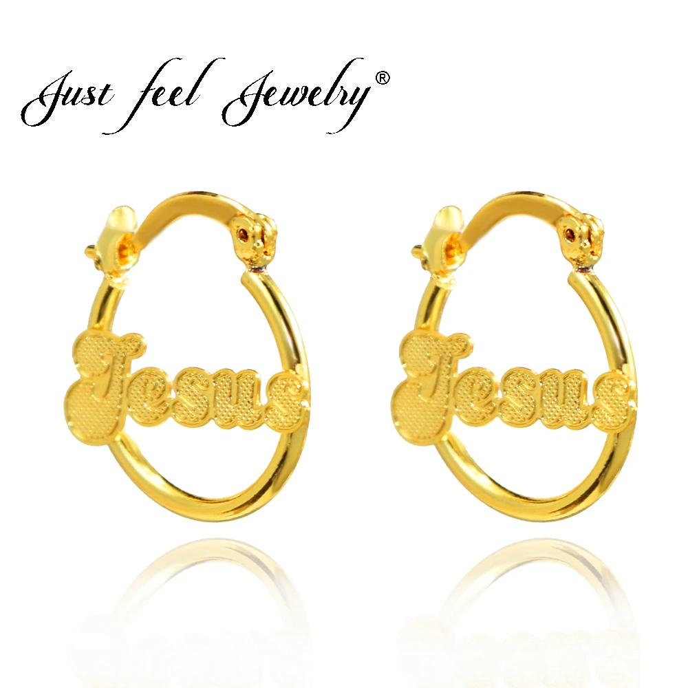 

JUST FEEL New Catholic Religious Jewelry Jesus Letters Earrings Gold Color Alphabet Round Earrings for Women Man Fashion Jewelry