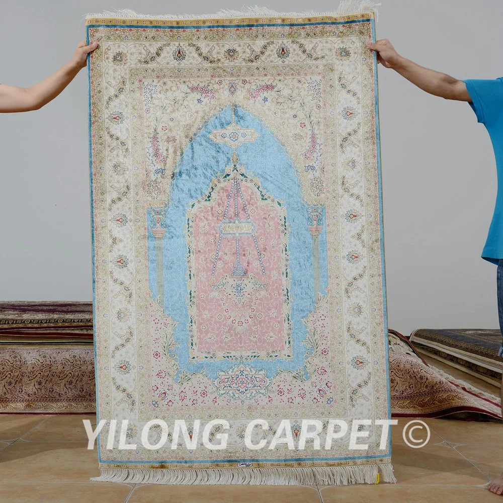 

Yilong 3.3'x5' Persian silk prayer carpet purple handmade exquisite handmade prayer rug (0081)