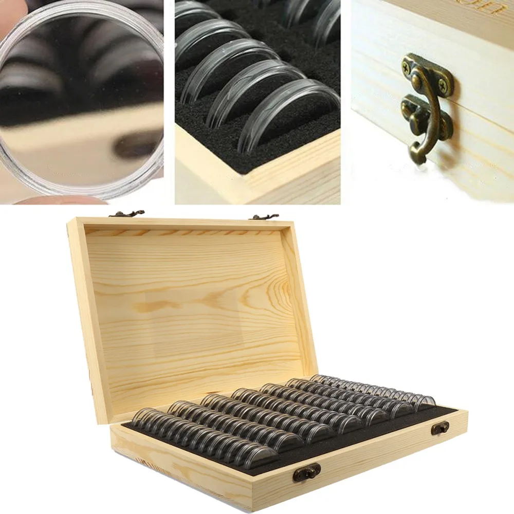 

100pcs Coin Capsule Holder Wooden Container Storage Box Display Case 25/27/30MM Home Storage Case