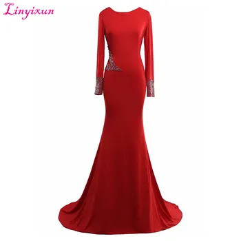 

Linyixun Real Photo vestido de festa Beautiful Sexy Scoop Neck Evening Dresses Stretch Vintage Long Red Mermaid Prom Dresses