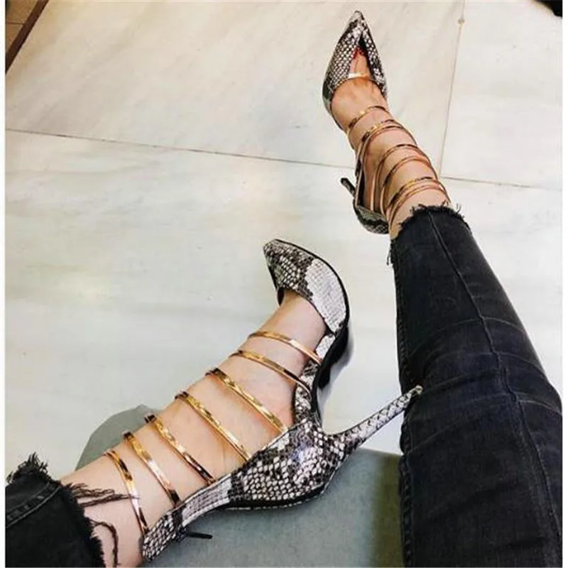 

2019 Spring New Rome Style Snake Pattern Sandals Europe Large Size Stiletto High Heel Sandals Women's Straps shoes