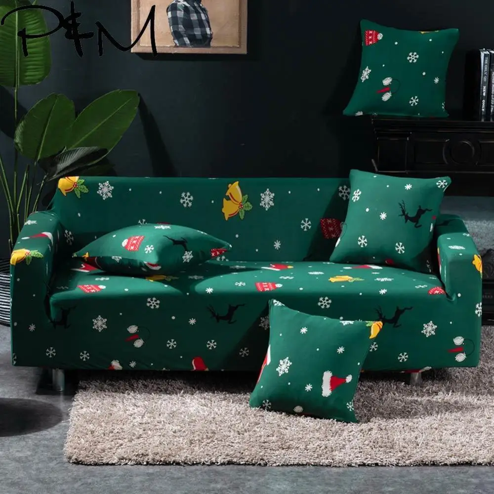 

Papa&Mima Merry Christmas print Stretch Sectional Sofa Covers Single Two Three Four Seats Soft Slipcovers Elastic Couch Cover