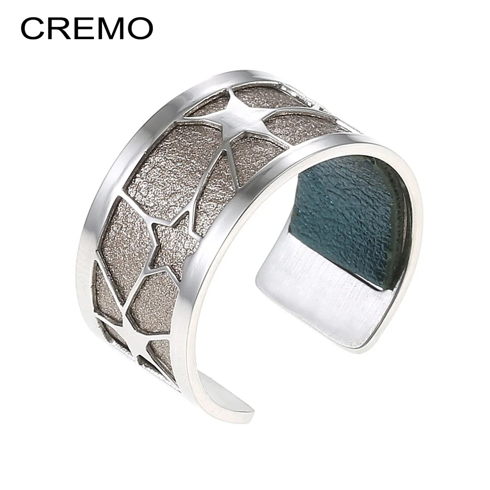 

Cremo Fashion Argent Open Star Pattern rings For Women Bijoux homme stainless steel rings Reversible Leather Bague Femme