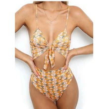 ФОТО 2018 new sexy bandage printed one-piece swimsuit beachwear monokini sexy push bikini swimwear brazilian women bikini 