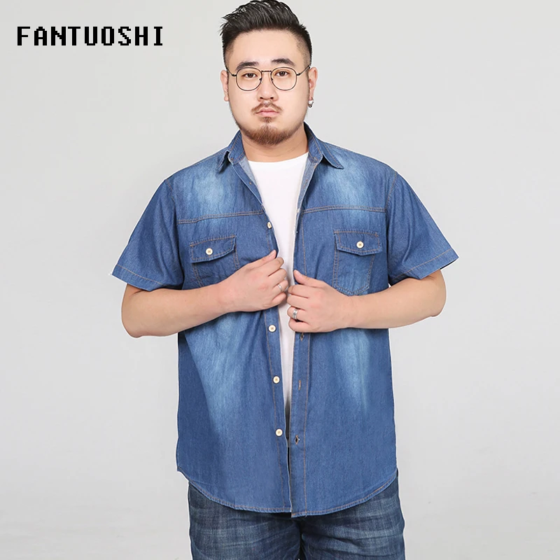 

2018 Summer New High Quality short Sleeve Denim Shirts Men Solid color Casual Shirt Fashion Slim Mens Jeans Shirts Oversized 8XL