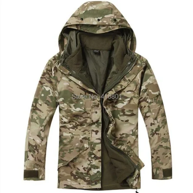 Cheap G8 Mens 2-in-1 Tactical Camouflage Jacket Windproof Military Hiking Thermal Fleece Hooded Jacket CP/ACU/Army Green