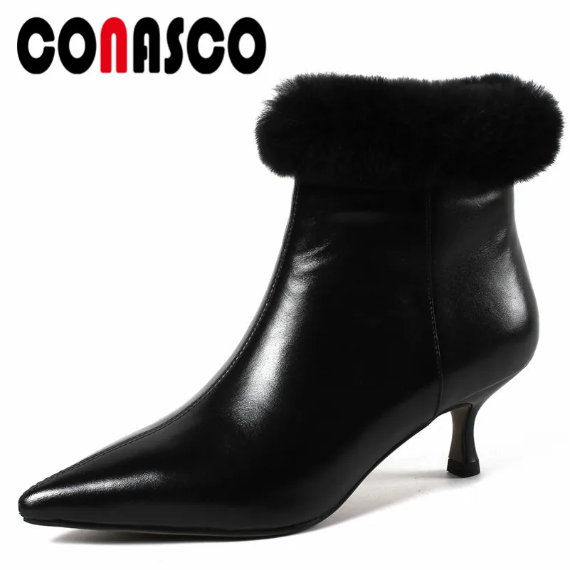 

CONASCO New Arrival Women Genuine Leather Thin High Heels Warm Ankle Boots Brand High Quality Prom Pumps Ladies Pointed Toe Boot