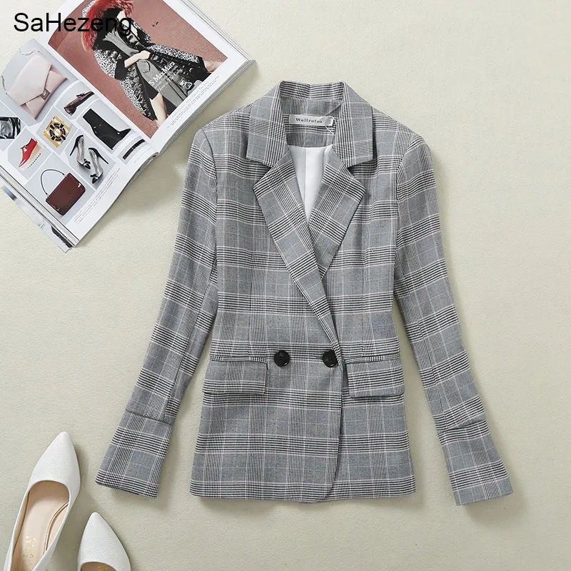 Vintage Notched Bouble Breasted Plaid Women Blazer Autumn