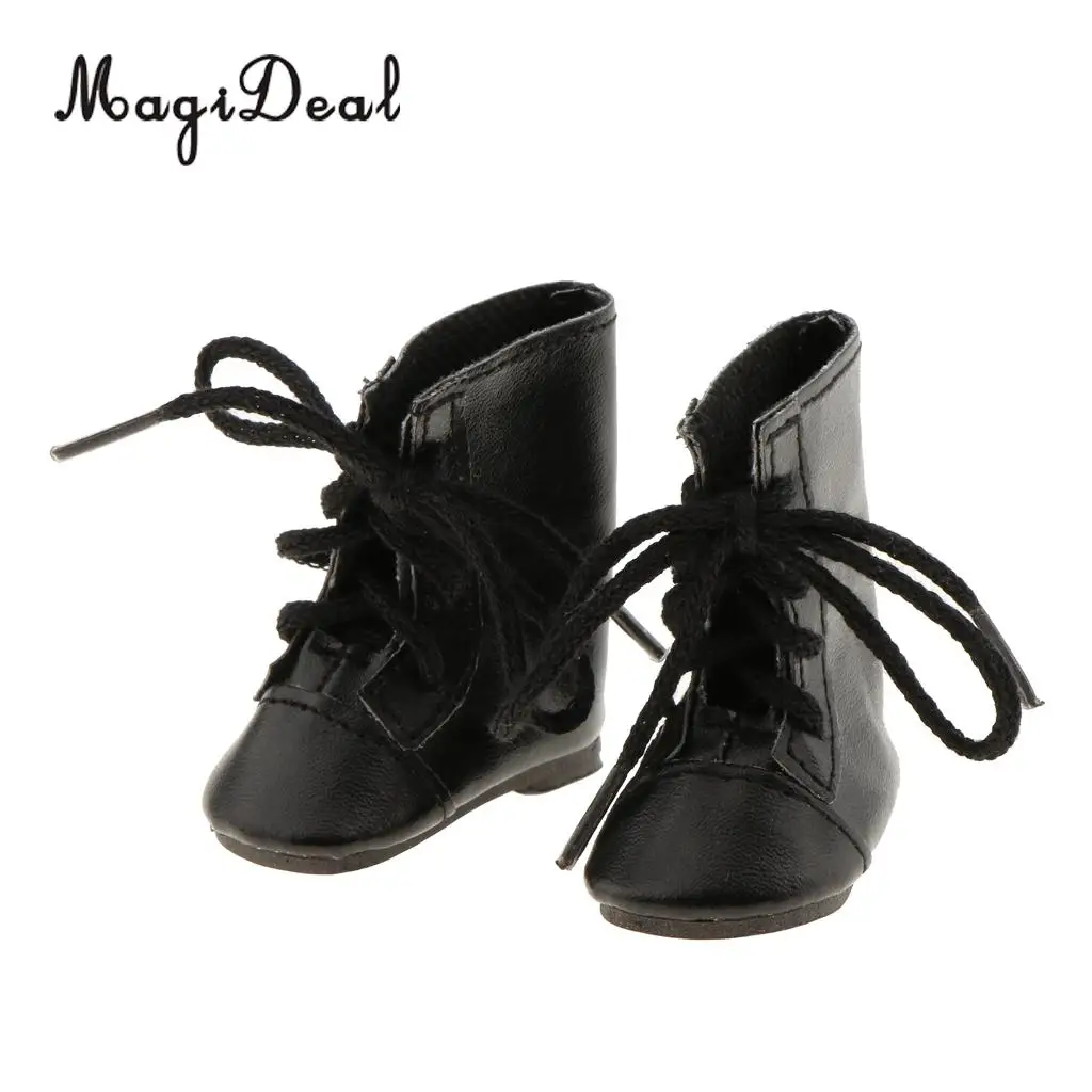 1Pair PU Leather Handmade Shoes Lace Up Combat Boots for 14 Inch   Doll Outdoor Indoor Clothing Accs