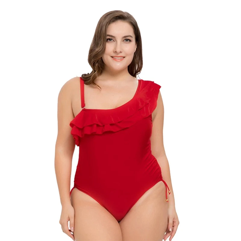 

JSY Sexy Solid Red One Shoulder Ruffles One Piece Swimsuit Women Plus Size Swimwear Female 2019 Monokini badpak dames Y0047