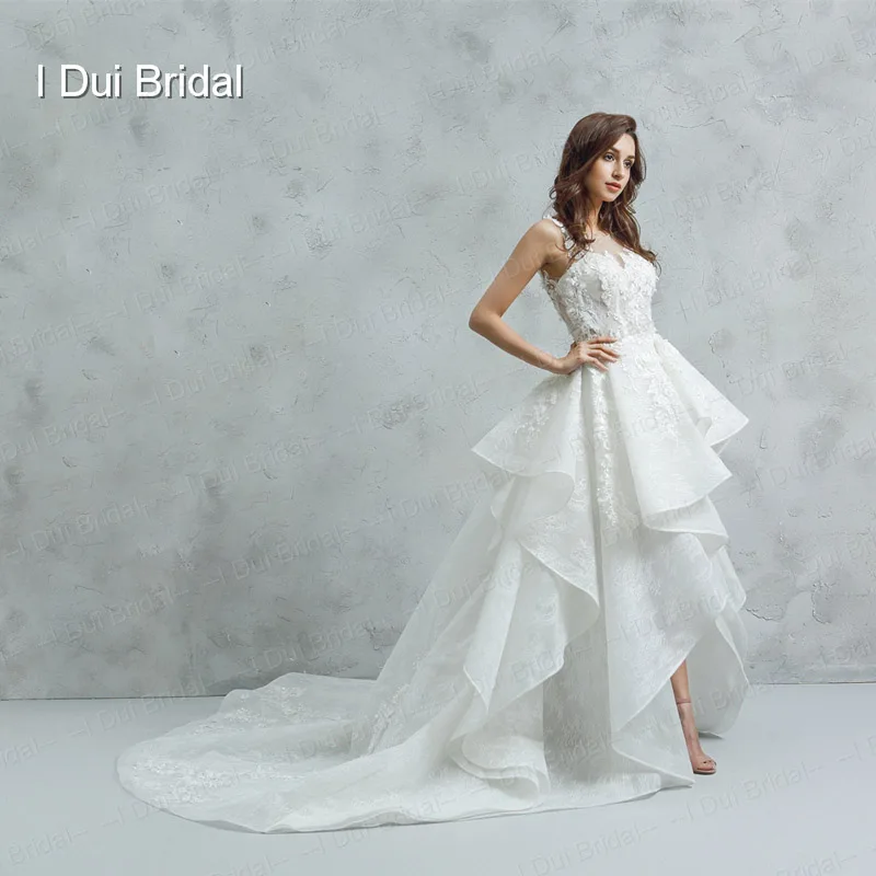 

High Low Wedding Dresses Short Front Long Back with Lace Ruffles Ball Gown Real Photo