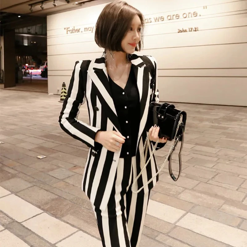 

New fashion autumn women's OL professional temperament double-breasted fashion warm striped blazer slim pants two-piece set