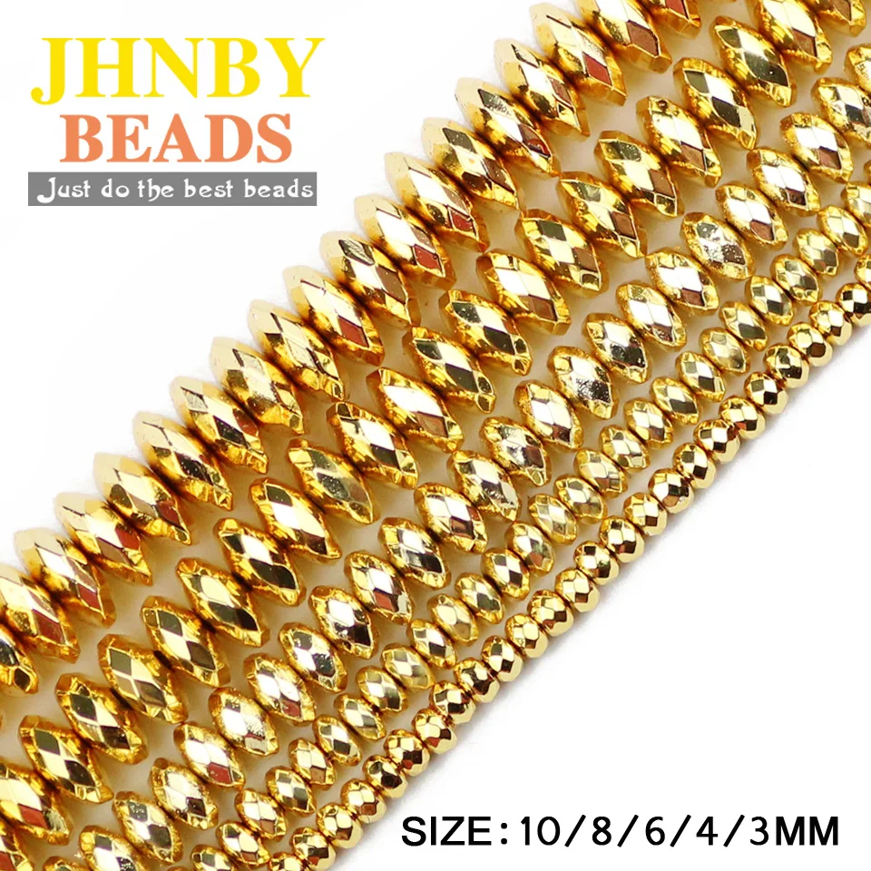 

JHNBY Flat Faceted Round Hematite Spacer beads 3/4/6/8/10mm Natural Stone Gold color Loose bead for Jewelry bracelets Making DIY